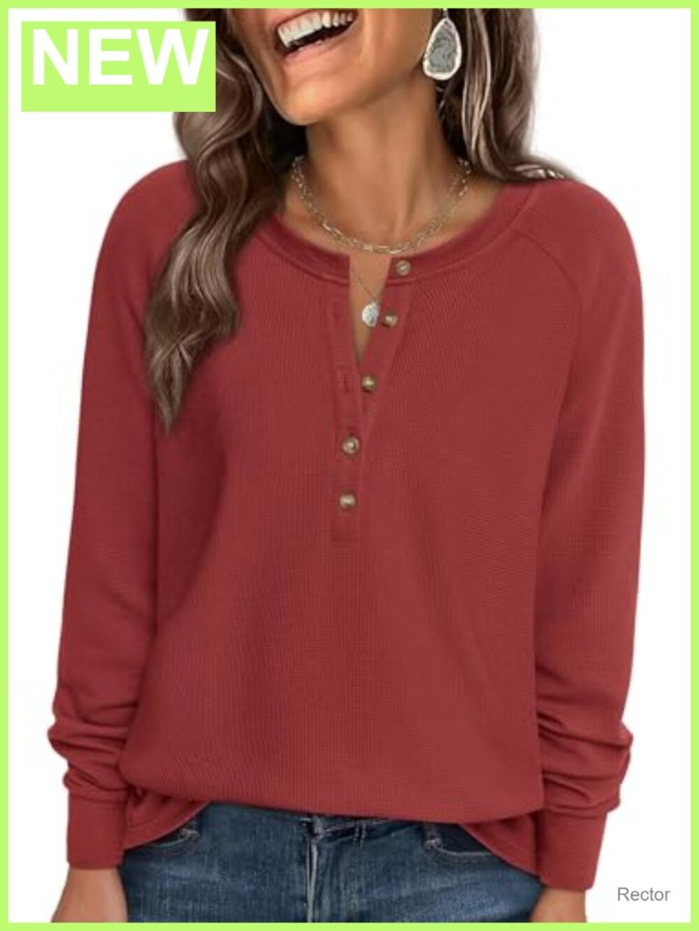 Waffle Knit Henley Tunic Top Long Sleeve Raglan Curved Hem Relaxed Fit